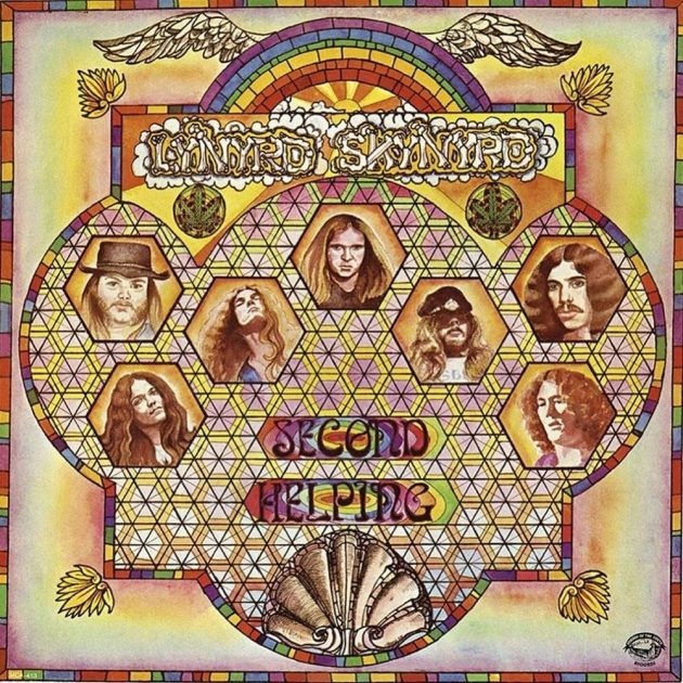 Lynyrd Skynyrd Second Helping album cover featuring band member portraits in stained-glass style artwork associated with the song sweet home alabama.