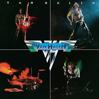 The cover of Van Halen's 1978 debut album, featuring the single Runnin' with the Devil, divided into four quadrants, each showing a band member in action with the classic VH logo in the center.