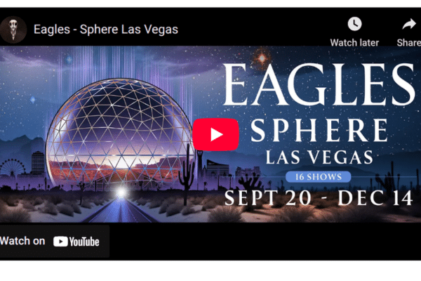 Promotional image featuring the Eagles performing at the Las Vegas Sphere with desert scenery and a glowing dome, used in coverage related to Joni Mitchell Juno Awards.