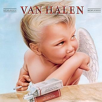 Van Halen 1984 album cover featuring a cherub smoking a cigarette beside a pack, associated with the hit song van halen jump.