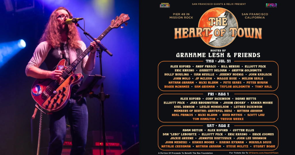 Grahame Lesh plays Phil Lesh’s bass and Grahame Lesh Heart of Town concert lineup art beside him.