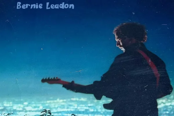 Bernie Leadon performing with guitar under city lights, Too Late to Be Cool album theme.