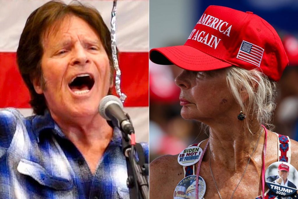 Fogerty and MAGA Believers - Classic Rock Artists John Fogerty singing on stage next to a Trump supporter in a MAGA hat, symbolizing Fogerty and MAGA Believers.