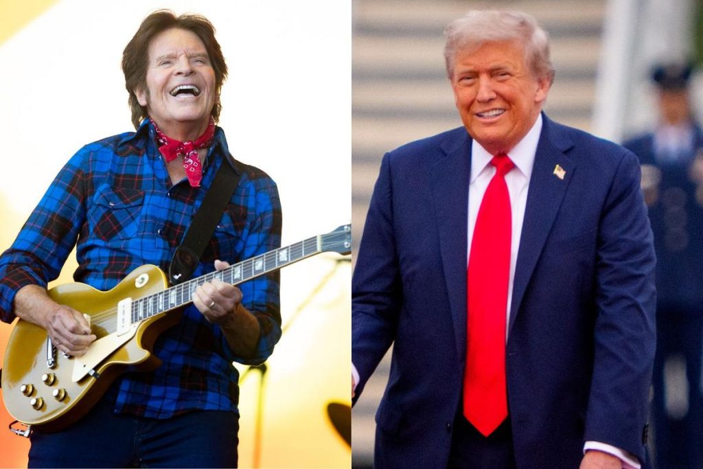John Fogerty Trump Fortunate Son - Classic Rock Artists John Fogerty smilling playing guitar Fortunate Son and trump wearing his smile.