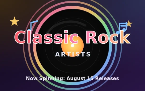 Now Spinning August 15 new music releases with a vinyl record design with rainbow rings and classic rock stars