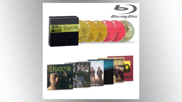 The Doors - Immersed 1967-1971 Dolby Atmos Blu-ray Collection - Classic Rock Artists Alt Text: Doors Dolby Atmos Immersed 1967-1971 Blu-ray box set showing six colored discs and original album covers including The Doors, Strange Days, Waiting for the Sun, The Soft Parade, Morrison Hotel, and L.A. Woman