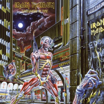 Iron Maiden - Somewhere in Time Album Cover Art - Classic Rock Artists Alt Text: "Iron Maiden Somewhere in Time album cover featuring Eddie cyborg mascot in futuristic cityscape with cybernetic enhancements and sci-fi elements.