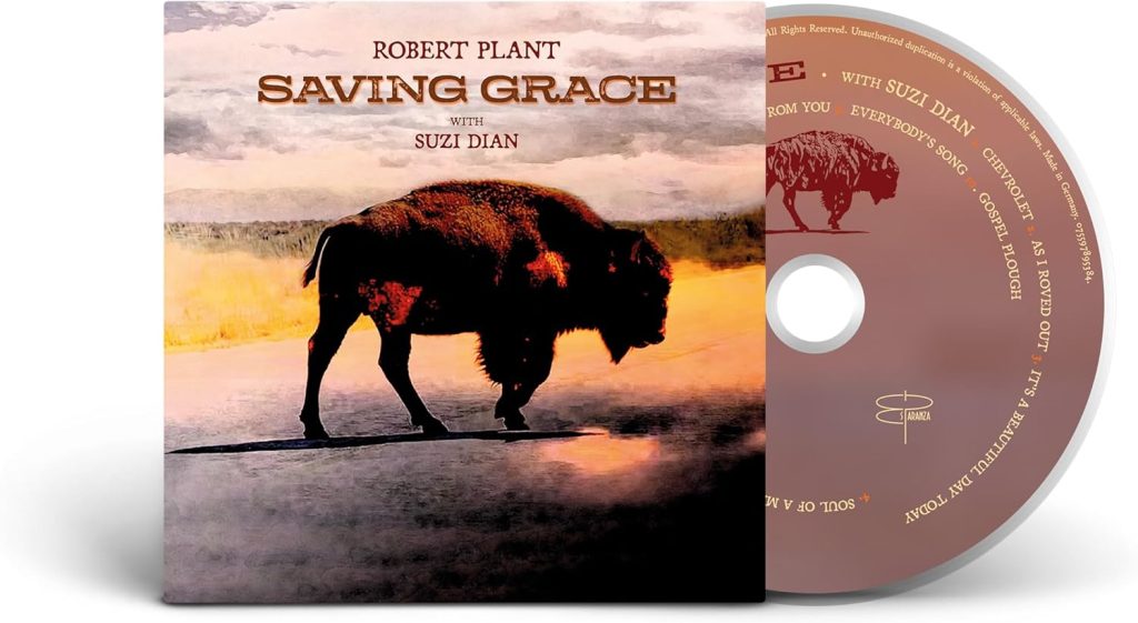 Robert Plant Saving Grace Album Cover and CD - Classic Rock Artists Robert Plant Saving Grace album cover featuring buffalo silhouette against sunset sky with CD.