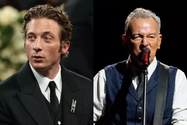 Jeremy Allen White and Bruce Springsteen side-by-side comparison showing the actor's transformation for Springsteen biopic reviews.
