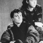 Tears for Fears members Roland Orzabal and Curt Smith in classic black and white 1985 promotional photograph.