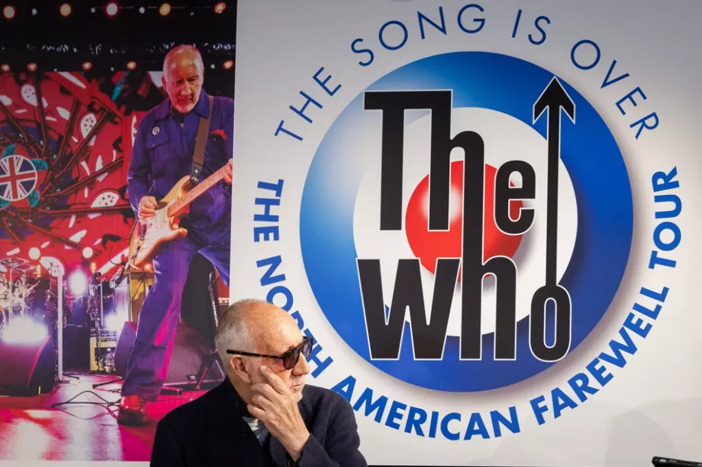 Pete Townshend at The Who farewell tour announcement in London, discussing Who Are You reissue and band's final North American concerts at Iconic Gallery press conference.