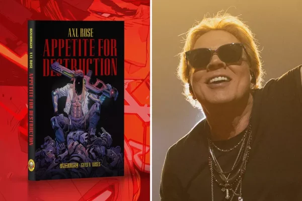 Axl Rose Graphic Novel Appetite for Destruction - Cyberpunk Comic Book Series - Classic Rock Artists Axl Rose graphic novel Appetite for Destruction hardcover book next to photo of Axl Rose performing live in sunglasses.