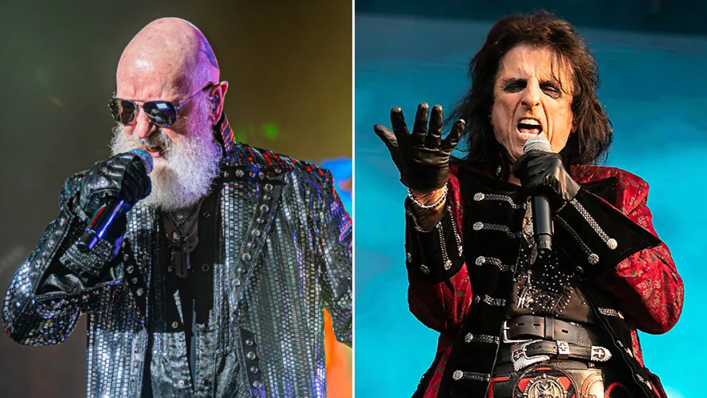 Alice Cooper and Judas Priest's Rob Halford Live in Concert - Classic Rock Artists Alt Text: Alice Cooper Judas Priest tour features Rob Halford of Judas Priest in studded leather jacket and sunglasses alongside Alice Cooper in theatrical black and red costume with dramatic makeup.
