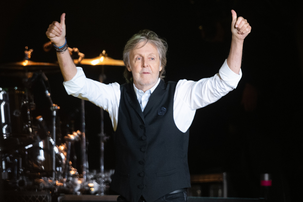 Paul McCartney Live in Concert - Got Back Tour 2025 - Classic Rock Artists Paul McCartney giving thumbs up to crowd during live concert performance on Paul McCartney tour 2025.