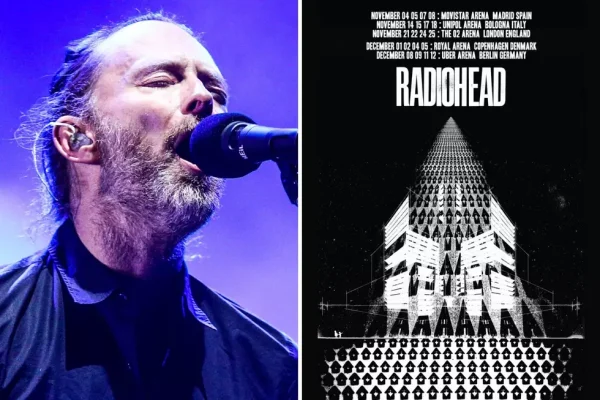 Radiohead Tour 2025 official poster featuring Thom Yorke performing live alongside tour dates for Madrid, Bologna, London, Copenhagen and Berlin.