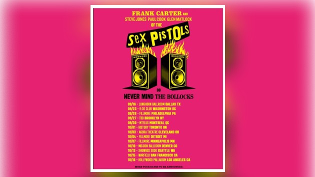 Sex Pistols Tour 2025 Official Poster with Frank Carter - Classic Rock Artists Sex Pistols tour 2025 official poster featuring Frank Carter with pink background showing Never Mind the Bollocks album tour dates and cities across North America.