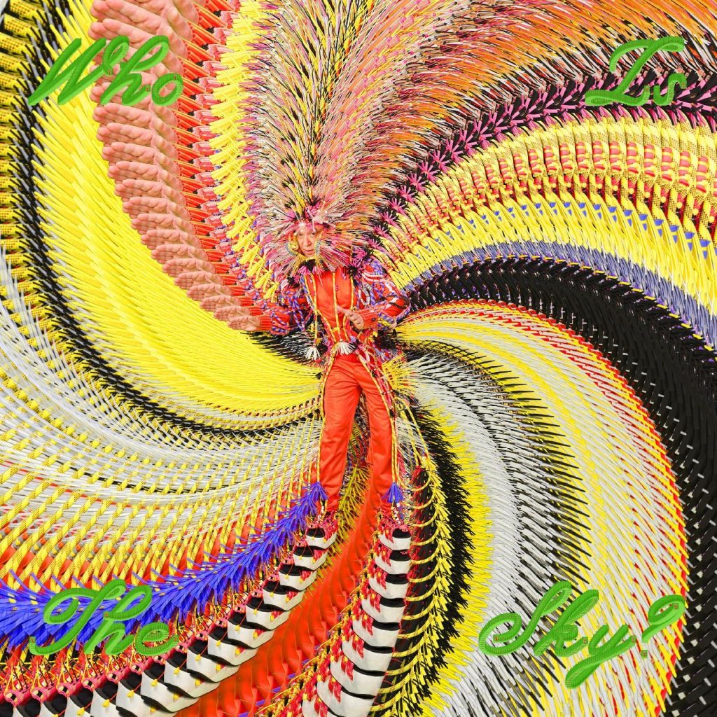 Who Is the Sky Album Cover Art - David Byrne's Colorful Feathered Design - Classic Rock Artists Who Is the Sky album cover design featuring vibrant feathered wings in rainbow colors and geometric patterns