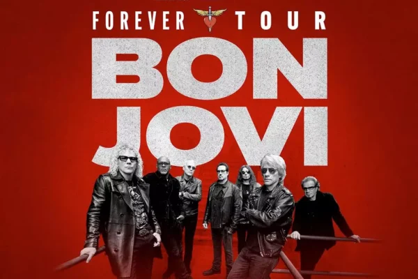 Bon Jovi 2026 tour Forever Tour announcement featuring band members in leather jackets against bold red background with white typography