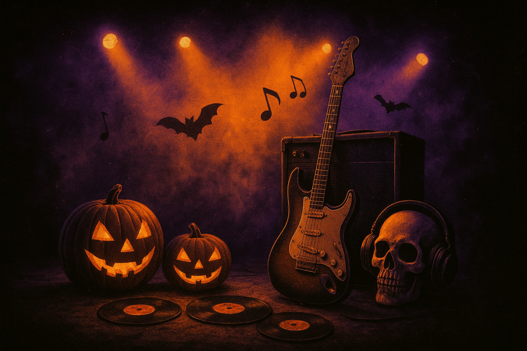 Halloween rock music playlist featuring a spooky concert stage with glowing jack-o'-lanterns, an electric guitar, skull with headphones, vinyl records, and bats under purple and orange lighting.