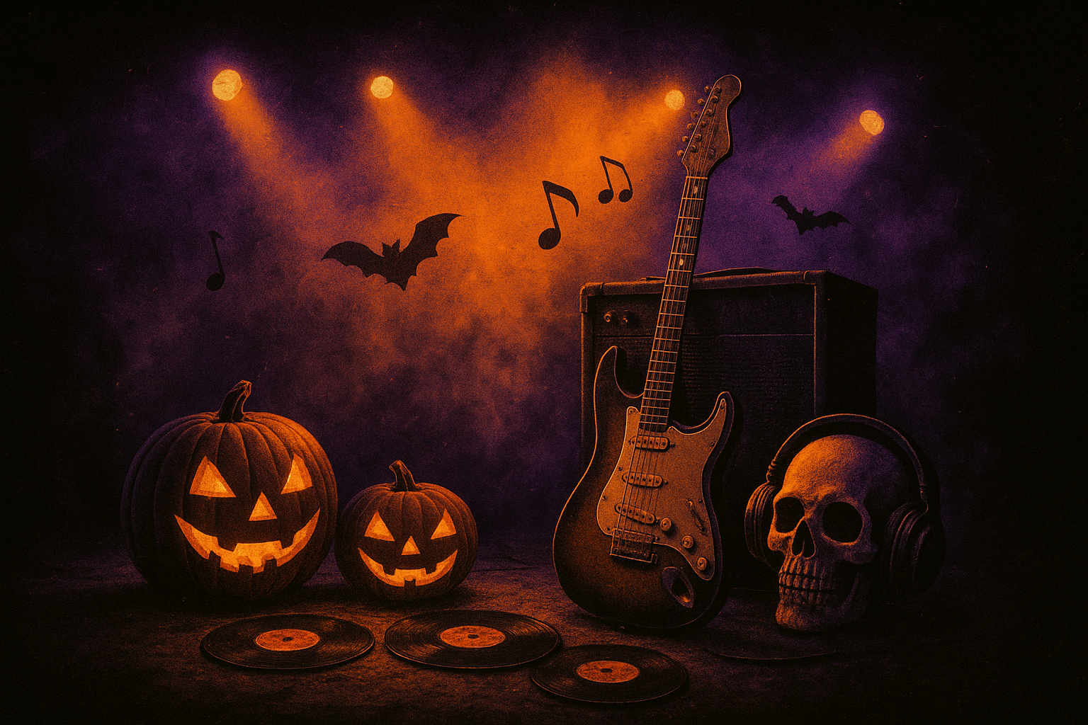 Halloween Rock Music Playlist - Vintage vinyl records with jack-o'-lanterns and electric guitars on a spooky concert stage