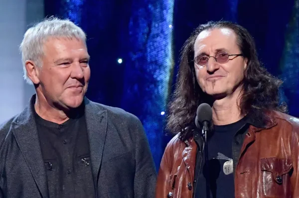 Geddy Lee and Alex Lifeson of Rush at press conference announcing Rush adds a band member or two for 2026 reunion tour.