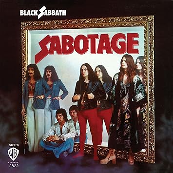 Sabotage by Black Sabbath album cover 1975 featuring band members in mirror frame with Warner Bros label