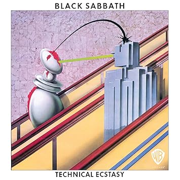 Technical Ecstasy by Black Sabbath album cover 1976 featuring two robots on striped geometric background.