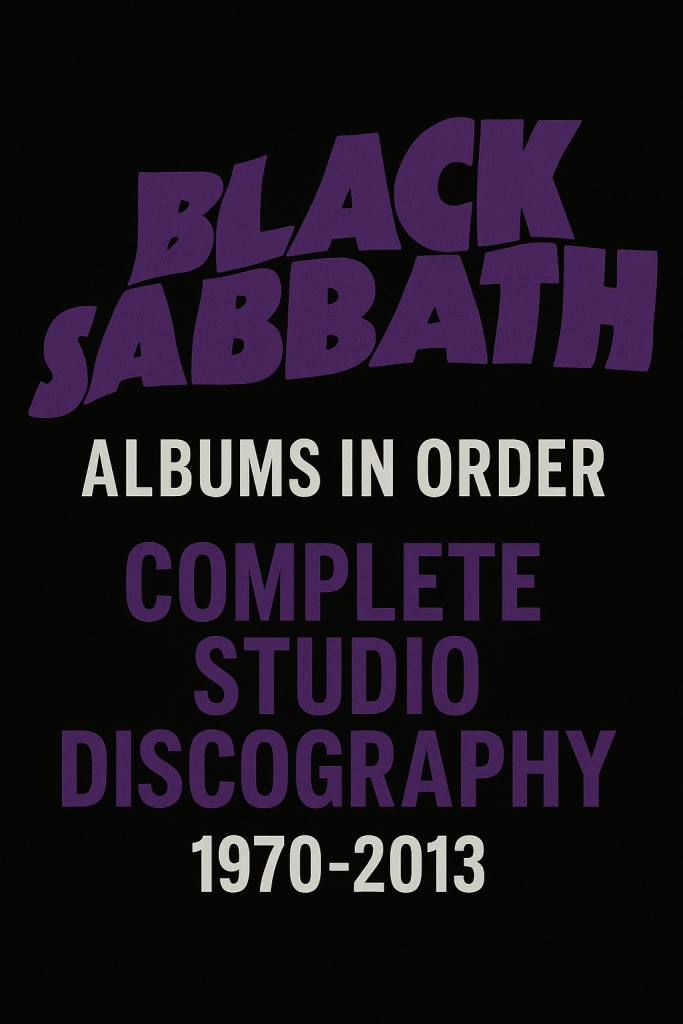 Black Sabbath Albums in Order – Complete Studio Discography 1970–2013 poster in black, purple, and white theme.
