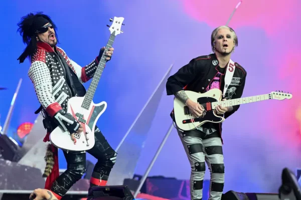 Motley Crue's setlist change features Nikki Sixx and John 5 performing live on stage with matching white guitars during their concert tour