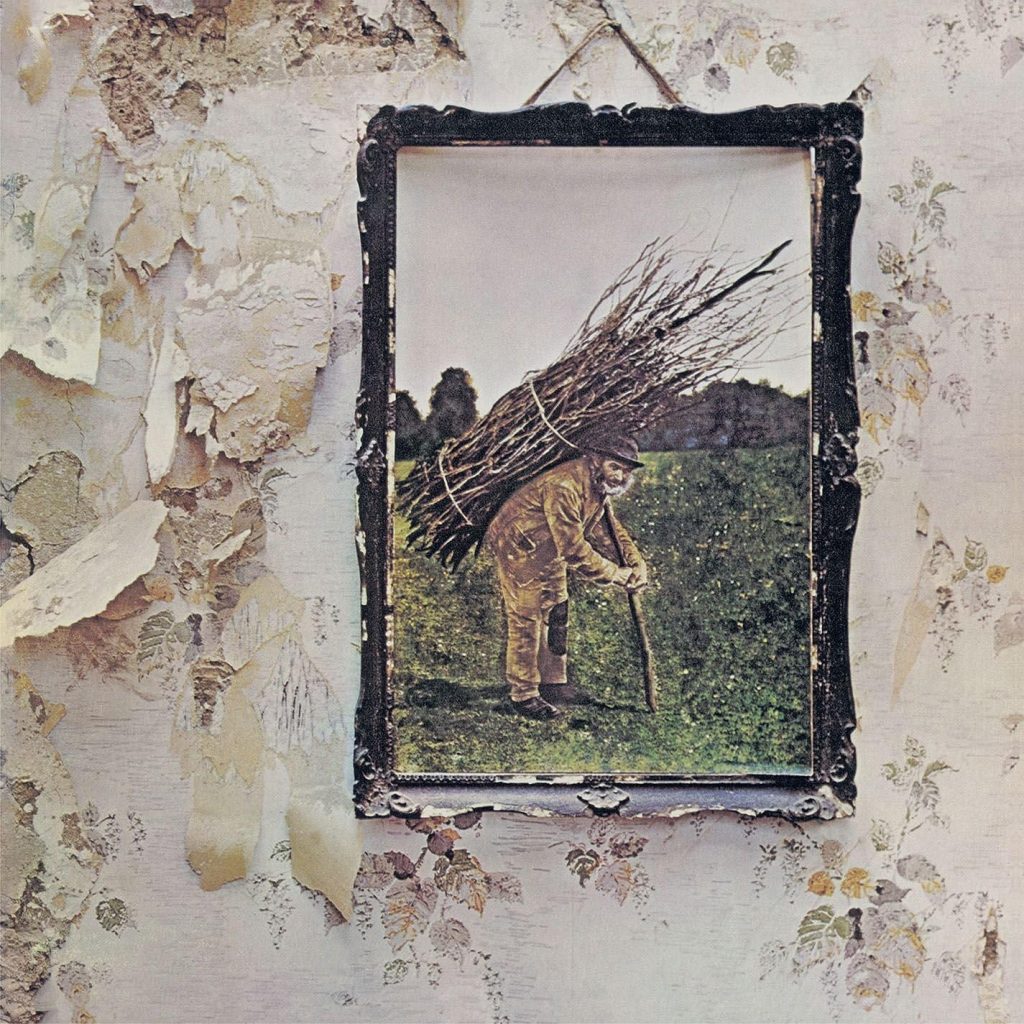 Led Zeppelin IV album cover featuring the Hermit with stick bundle on crumbling wall