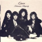 Queen band members celebrating Bohemian Rhapsody 50th anniversary with classic 1975 promotional photo
