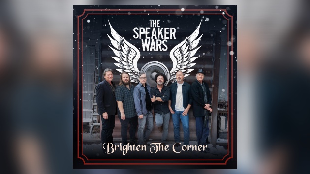 The Speaker Wars holiday single Brighten the Corner artwork featuring band members with winged logo
