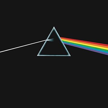 The Dark Side of the Moon album cover featuring iconic prism design dispersing light into rainbow spectrum.