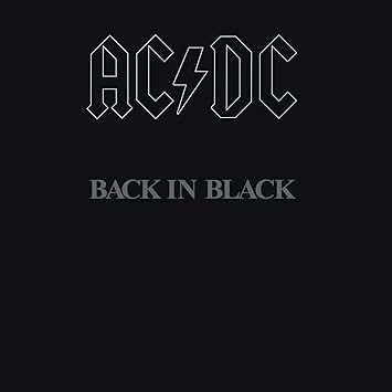 Back in Black by AC/DC iconic album cover 1980 featuring band logo on black background,