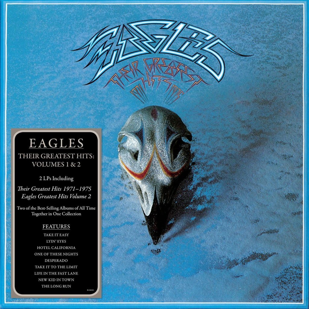 Eagles Greatest Hits: The Best-Selling Album Collection of All Time 1 Eagles Greatest Hits Volumes 1 and 2 vinyl album cover featuring eagle skull on blue textured background.