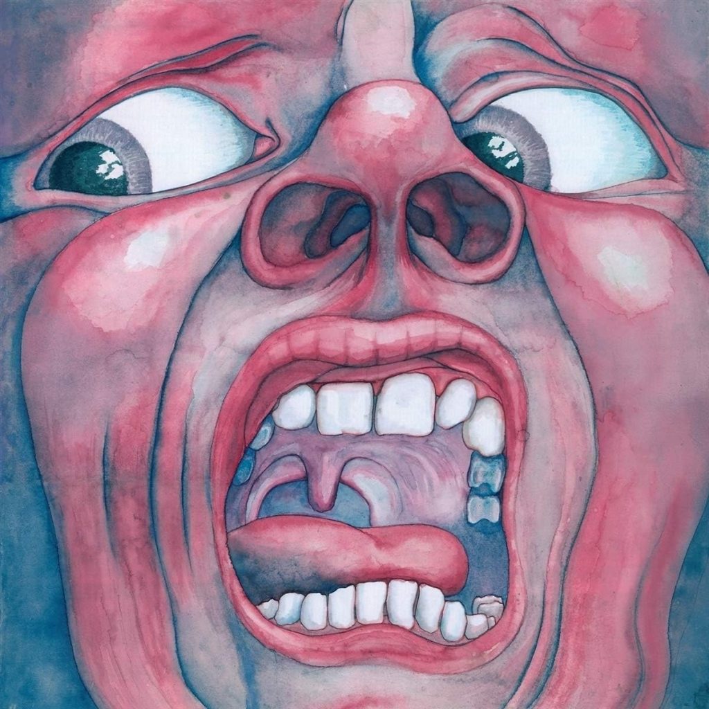 King Crimson songs featured on In the Court of the Crimson King album cover showing the iconic Schizoid Man artwork.