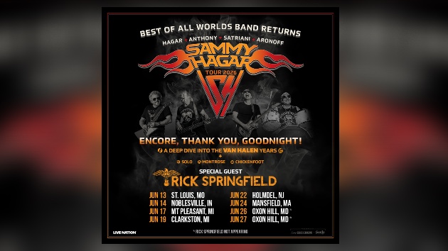Sammy Hagar Tour 2026 Best of All Worlds Band Returns poster featuring Hagar Anthony Satriani Aronoff with special guest Rick Springfield and tour dates