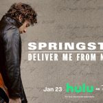 Bruce Springsteen Deliver Me From Nowhere movie poster featuring Jeremy Allen White holding guitar in leather jacket