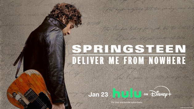 Bruce Springsteen Deliver Me From Nowhere movie poster featuring Jeremy Allen White holding guitar in leather jacket
