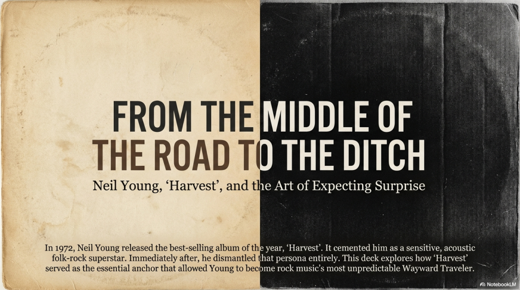 Neil Young Harvest album article header featuring vintage aesthetic with text "From the Middle of the Road to the Ditch" discussing the 1972 album's impact on Young's career.