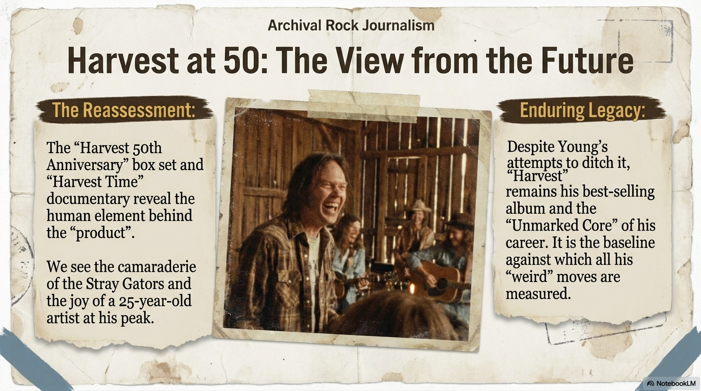 Neil Young Harvest Album: From the Middle of the Road to the Ditch 9 Neil Young Harvest album 50th anniversary retrospective showing barn recording session with Stray Gators band, discussing reassessment and enduring legacy of 1972 album