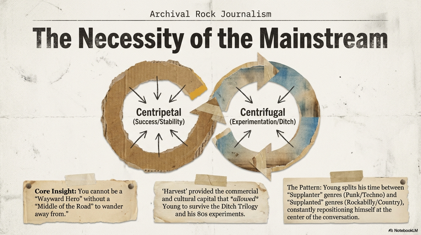 Neil Young Harvest Album: From the Middle of the Road to the Ditch 11 Neil Young Harvest album necessity of mainstream diagram showing centripetal and centrifugal forces cycle, explaining how commercial success enabled experimental Ditch Trilogy and 80s genre experiments
