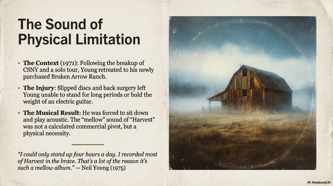 Neil Young Harvest Album: From the Middle of the Road to the Ditch 3 Neil Young Harvest album creation story showing rustic barn and text explaining how back injury in 1971 led to the acoustic sound that defined the album