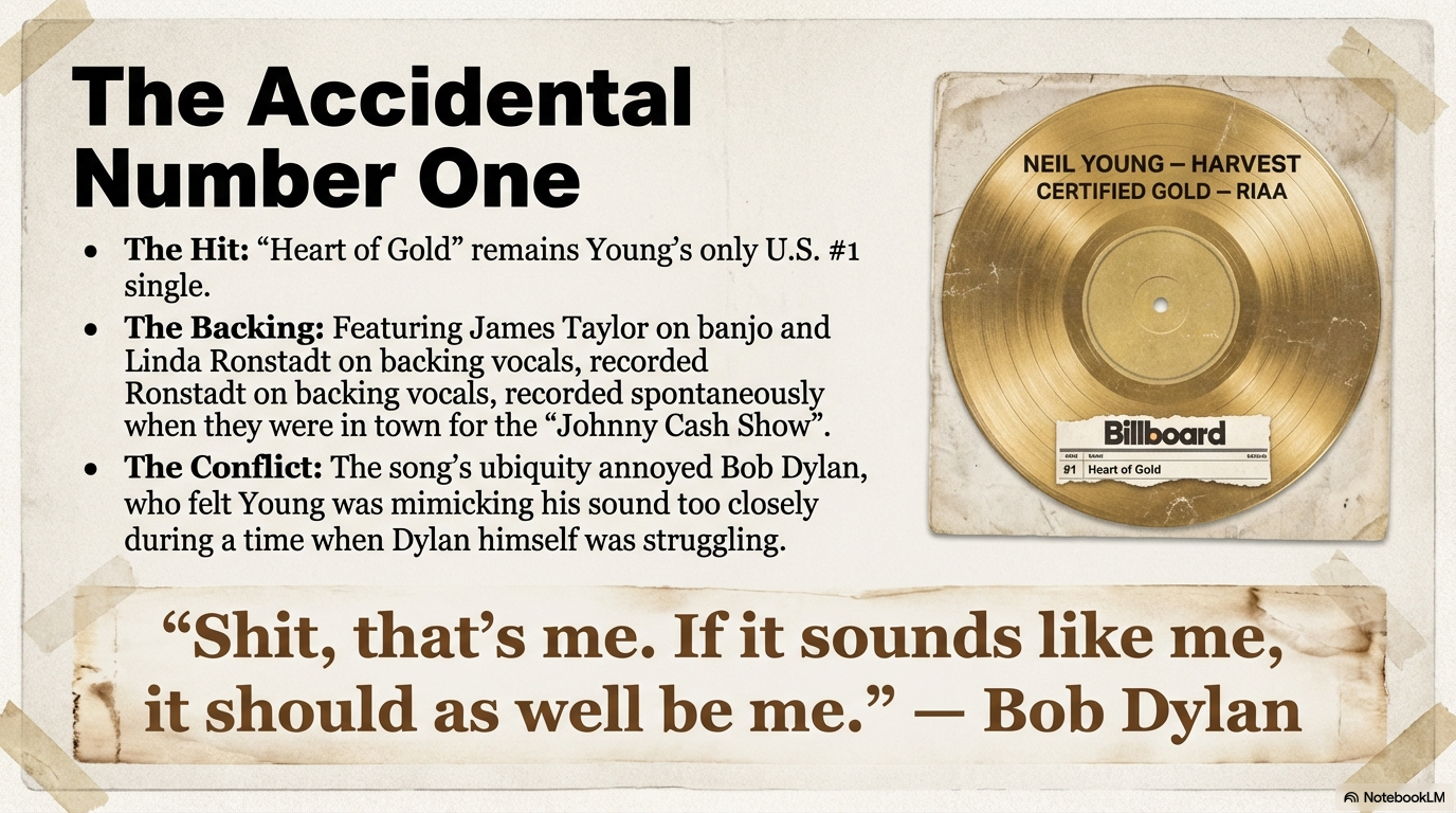 Neil Young Harvest Album: From the Middle of the Road to the Ditch 5 Neil Young Harvest album gold record certification for Heart of Gold single, showing Billboard #1 achievement and Bob Dylan quote about the song's similarity to his style