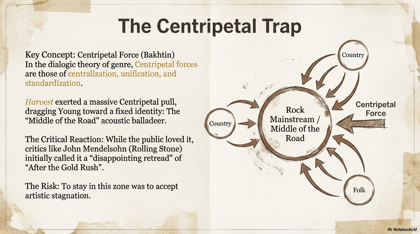 Neil Young Harvest Album: From the Middle of the Road to the Ditch 6 Neil Young Harvest album analysis diagram showing centripetal trap concept with arrows pointing from country and folk genres toward mainstream rock middle of the road identity