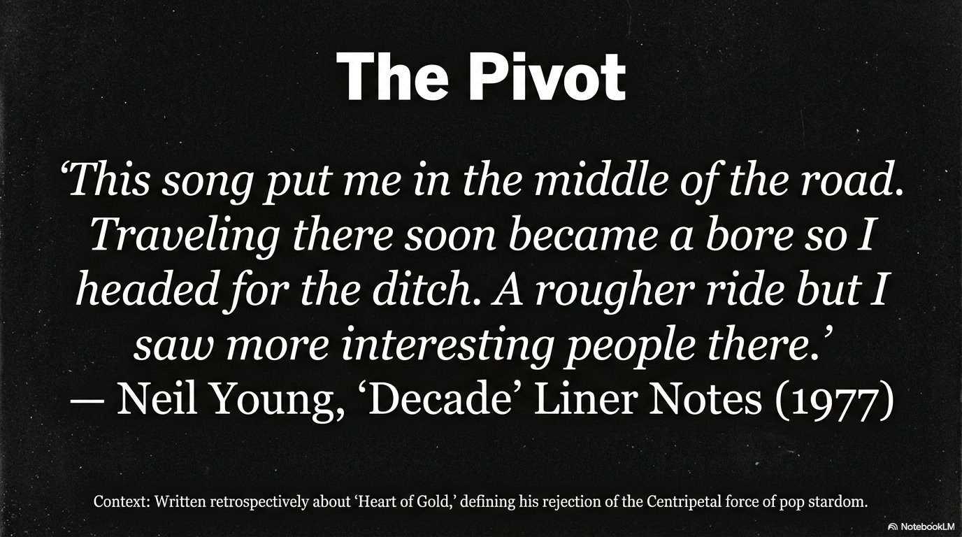 Neil Young Harvest Album: From the Middle of the Road to the Ditch 7 Neil Young Harvest album geographic metaphor showing rock island and surrounding genre waters including folk sea and country ocean, illustrating Young's wayward navigation