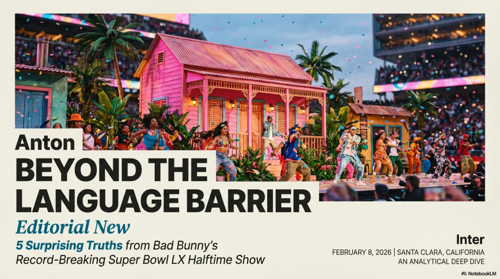 Bad Bunny halftime show at Super Bowl LX featuring colorful Puerto Rican houses, palm trees, dancers, and confetti at Levi's Stadium in Santa Clara, California