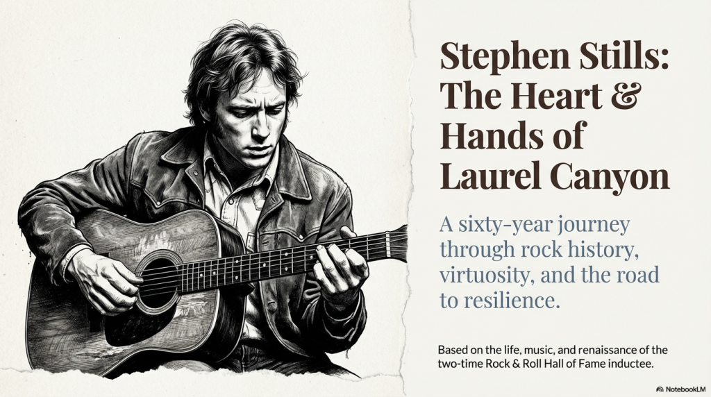 Stephen Stills playing acoustic guitar in a hand-drawn illustration style portrait celebrating the Laurel Canyon legend's six-decade career