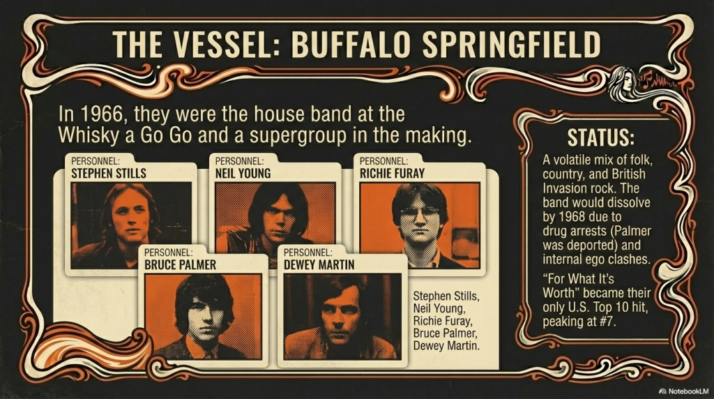 Buffalo Springfield for what its worth band members 1966 - Stephen Stills, Neil Young, Richie Furay, Bruce Palmer, Dewey Martin original lineup photo