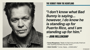 John Mellencamp black and white portrait with his quote about standing up for Bad Bunny and Puerto Rico alongside reactions from Kacey Musgraves and Adam Sandler